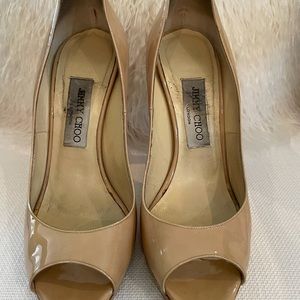 Jimmy Choo Patent Open Toe Tan Leather Heels